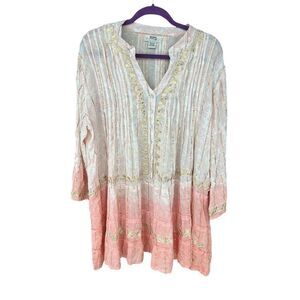 Zury free size pink cream ombre tunic dress gold embroidery beading bohemian